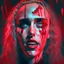 Placeholder: Singer Danish MØ face, blood, futuristic, iridescent, guts, wildflower, cosmic, intricate, darkred tones, smile