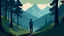 Placeholder: a men wearing half blue pant walking in open forest in between of mountains game graphics