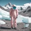 Placeholder: no face with mask,minimal ,Fashion film in the icefields of Patagonia, a stunning supermodel in an incomplete Astronaut pink bronze suit discover the icefields and giant iceblocks and icebergs using stunning poses we can see her face through the glass . Supreme landscape, inticate background and a minimalist composition that creates a great megalophobia effect. Old lens, old Kodak vision filmstock, 1600 iso.