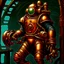 Placeholder: 90's TCG art retro scifi art of a steampunk diver with big armor