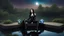 Placeholder: fantasy photo of a woman with black hair, sitting on a ledge over a pond, wearing an android-looking catsuit, sideways, with a planet behind her head