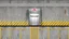 Placeholder: wall design for parking garage, concrete, yellow marking lines, hazard lines, weathering and water stains, realistic elevator doors in middle. a sign is above the elevator doors. rough painted hashmarks and parking lines