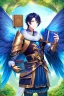 Placeholder: a person in runic armor with blue wings, blue short hair, runic tattoo and spell book, male