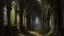 Placeholder: Medieval ruined cloister, Gothic arches covered with wild vines with dried blood-colored leaves, ripe grapes hanging over ancient stones, solitary monks in worn habits wandering between moldy columns, twilight light passing through broken stained-glass windows, puddles reflecting the gray sky, atmosphere of romantic decadence, contemporary Gothic painting style