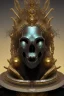 Placeholder: black male African alien, cracks in the head, wicked, Asian eyes, crown, blood, 8k, finely detailed, photo realistic, Boris Vallejo style turquoise skull head gold dragon space alien rain skeleton gold tooth silver helmet silver space suit spaceships