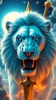 Placeholder: The face of a powerful white lion with roaring blue eyes and a large full sun and a golden sword behind its head in a beautiful and amazing view and psychedelic atmosphere.