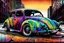 Placeholder: create an abstract, vibrantly colored woodcut of battered and beaten Volkwagen beetle rat rod with highly detailed and deeply cut features, lost in a horrific post apocalyptic world, in the style of KATHE KOLLWITZ , searing lines and forceful strokes