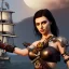 Placeholder: realistic, young model with sword, short black hair flowing. holding a sword. black tatoo on arm. dressed a steampunk pirate, bra with carved leather. Salvador dalì style. Ships in background with high details. 4k, unreal engine. Am owl is flying