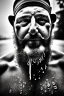 Placeholder: close up photography, dirty burly chubby Italian strong 48 years old homeless man, full of splashing milk in the face dripping on the beard, with dirty tank top, emotional eyes, manly chest, photo, Canon EOS, lens 35mm, natural lights, 8K, in the morning