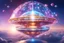 Placeholder: a cosmic beautiful DISH SPACESHIP made of crystals and light is flyng INA MAGIC BRIGHT SKY OF A GALAXY. IT IS PASSED BY A VERTICAL SHINE FROM TOP TO BOTTOM. IT'S FLYNG ON A FAIRY Landscape