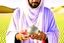 Placeholder: A sheikh dressed in Arab dress holds a palm-sized pearl, silky and shimmering in the desert sunlight.