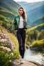 Placeholder: fullbody shot of young-beautiful-girl-with-a-perfect-face-with-make-up-wearing- sport pants and jacket standing ,geen hills ,nice nature environment ,wild flowers,clean water river with colorfull rocks in floor