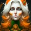 Placeholder: fantasy setting, woman, orange and white hair, wavy hair, freckles, ranger, more orange hair, more white hair, green eyes, more white hair, more white hair, a bit more orange hair