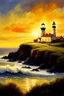 Placeholder: oil painting of lighthouse on cliffs at sunset with impasto texture