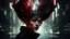 Placeholder: high resolution, best quality, cinematic shot, , full body shot wide angle, blade runner, woman in red , with a black crow on her shoulder, the woman has got a crystal white crown on her head. stars are reflecting in the glass crown