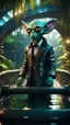 Placeholder: photo model furry hairy pimp rocker priest alien on boat bridge over water slide in dark lit reflective wet jungle metallic hall dome hotel tunnel, in the style of fallout 4 game,bokeh like f/0.8, tilt-shift lens 8k, high detail, smooth render, down-light, unreal engine, prize winning