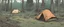 Placeholder: campsite, tents, overgrown, post-apocalyptic, comic book, forest