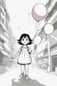 Placeholder: A round-faced little girl happily holding a bunch of colorful balloons. Circles can be used to depict the balloons, her eyes, and the sun in the background. very happy , Colloring page for todlliers ; basic hawali style cartoon , black and white , ink outlines , , smooth , anime style , minimalist , cute eyes , full body , white shose , sketchbook , realistic sketch , free lines , on paper , character sheet , clean line art high detailed