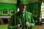 Placeholder: ww1 rich archeologist with green suit talking close-up standing up looking to the camera, inside mansion room background