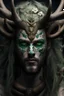 Placeholder: demon with deer antlers, flowers on the horns, angel wings, four green eyes on a beautiful male face, snake skin, green hair, ethnic symbols and Scandinavian signs on the body, high definition image, realistic image