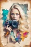 Placeholder: portrait of a blonde woman with a camera, background old torn paper, bright colors, ART drawing, double exposure