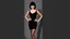 Placeholder: Louise Brooks, dressed in stockings and stilettos, with a black bob hairstyle with bangs and dark sultry eyes and red lips, standing with hands on hips, smiling.