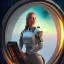 Placeholder: centered portrait of female soldier sitting on throne, wearing no helmet, by a starship window with a view to the milky way, hi detail, book cover illustration