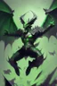 Placeholder: Demonio con armadura verde con negro y alas verdes celebrando en el aire