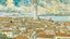 Placeholder: A white town with cloudy tower designed in ancient Greek mosaics painted by Vincent van Gogh