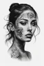 Placeholder: A realistic drawing in negative space black ink on white background of a beautiful girl with face tattoos to enhance her face max enrist
