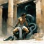 Placeholder: Alex Maleev, unused cover illustration, 2005: [greek goddess model in flesh]Trapped in a forgotten temple, a man and his son fight against two immense serpents. Their faces contort in pain, muscles straining against the relentless grip. Their struggle embodies resilience and the pursuit of freedom. In the decaying ruins, their defiance resonates deeply. With unwavering determination, they refuse to yield. Bound by an unbreakable bond, they draw strength from each other. Their battle echoes throu
