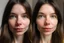 Placeholder: A selfie of a brunette woman, middle long hair, showing a 29-year-old European woman. She has brown hair, face without makeup, cute nose, detailed full lips, skin texture. Split screen and show the same face but without wrinkels and younger and more beautiful