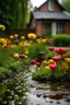 Placeholder: paisaje de un jardin en Holanda, un dia de lluvia, mostrando gotas en los petalos de las flores