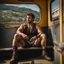 Placeholder: photography of a burly ugly beefy sicilian farmer 32 years old man sitting in the train, relaxing, in tank top and boxer, bulge, tattoo, broken teeth, serious, short beard, curly hairs , view from below, photorealistic, side lights, Ground-Shot Angle