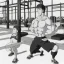 Placeholder: a man with muscles doing fitness in a fitness studio, black and white only