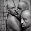 Placeholder: realistic, two italian prisoners 44 years old kissing in prison behind bars, dirty, ugly, bullneck, muscular chubby, in tank top, long hairs, manly chest, misery and poverty, emotive eyes, photo 50mm lens, side view, photorealistic, ultradetailed