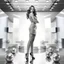 Placeholder: a beautiful black and white art picture of fashion model lady in modern clothing posing with cute and with high heels,midy skirt, pretty color full stage made of metallic blue teme 3d recursive cubic and sphere base structures and the scene is in color,makeup curvy long hair.