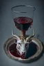 Placeholder: cursed meal with a goat head without skin photorealistic image, served on a plate, with blood to drink in a glass