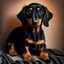 Placeholder: Disney style picture of a black and tan short hair dachshund puppy of 7 months.