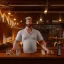 Placeholder: large broad shoulder man wearing a white shirt, big belly, messy blonde hair, standing in a bar, illumination, brilliant coloring, smooth, sharp focus, crispy quality, vray; Artstation; HD, HDR, SF, CGSociety, 16k, photorealistic, unreal engine