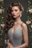 Placeholder: full body woman, from Russian Federation , elegant dress, elegant curled hair , 19 years old ,earring, make up,8k, Candid avant garde portrait, charming woman, wearing Lovely Flower Diamond Pendant, octane render 3d, plastic material