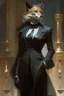 Placeholder: a fox in black suit and court gown in the style of Aleksi Briclot, Charlie Bowater, Dean Cornwell, and Pino Daeni