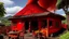 Placeholder: A dark red fiery spicy noodle restaurant near a volcano designed in Kuna molas painted by Georges Seurat