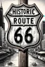 Placeholder: A detailed black and white illustration depicts a vintage wooden Historic Route 66 sign in the foreground, angled towards the left. The sign's design features a distressed brown frame with a white shield in the center, boldly displaying "HISTORIC ROUTE" in black text above large, stylized "66" numbers. The background showcases a bustling city skyline with numerous tall buildings, including the prominent Willis Tower, all rendered in shades of grey and white. A river flows through the scene, refl