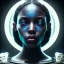 Placeholder: a black woman with one blue crystal eye, steam punk, realistic, made in octane, cinematic, ultra-realistic, extremely detailed octane rendering, 8K, VRAY Super Real ar 2:3, dof photorealistic futuristic 50mm lens hard lighting dark gray tintype photograph, realistic lighting