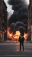 Placeholder: Man in a black bomber jacket, back to the camera, looking down a street, watching an explosion of fire and lights in front of him.