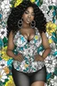 Placeholder: black curvy woman wearing jeans, eyes front camera coloring page floral background