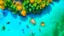 Placeholder: A top down view of a vibrant tropical island with people floating inside of a cool refreshing drink