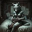 Placeholder: an anthropomorphic wolf woman hybrid full wolf furry on her body sitting in the middle of a bed with a sewing needle and thread in her paw sewing a wide material belt, around her in the background are some paper with sketchy line kind drawings from monster on the walls of the wooden house, high realistic, detailed, cinematic, sci-fi, digital art, dark fantasy mood