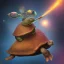 Placeholder: Digital art of a Big Wise turtle with sunglasses holding a wooden rod, background galaxy